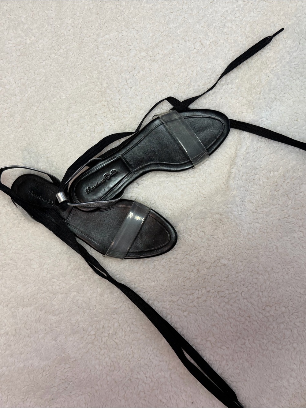 Material Girl Black Lace-Up Sandals with Clear Toe Strap
